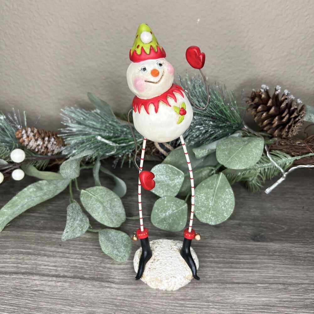 Janell Berryman Pumpkinseeds Folk Art Snowman Holly n Jiggle Figurine 9"